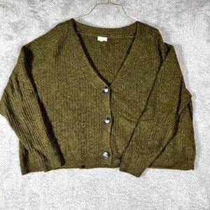 World Market Cardigan Sweater Women Olive Green Ribbed Knit V Neck Raglan Sleeve